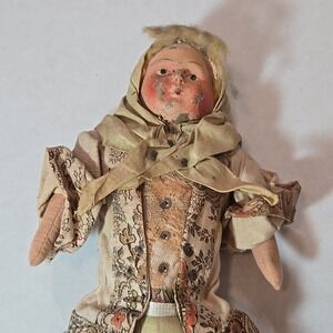 VTG Antique Female 14" Folk Art Cloth Doll Composition Beige Russia Sequin Dress